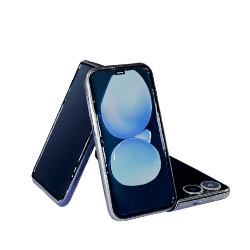 Foldable Smartphone Realistic 3D model, three-quarter studio render, showing glass screens, thin device proportions.