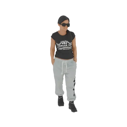 3D model of a woman in casual streetwear, wearing a t-shirt, sweatpants, and sunglasses, with hands in pockets.