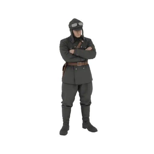 3D model of a Soviet tank crewman in uniform, wearing a helmet and goggles, with arms crossed.