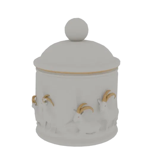 3D render of a white ceramic jar with embossed goats and gold trim, featuring a spherical lid finial.