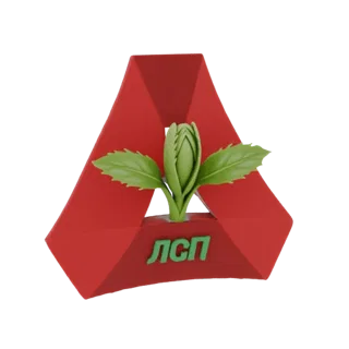 3D render of a red triangular logo with a green sprouting plant and green Cyrillic text 'ЛСП' on its base.