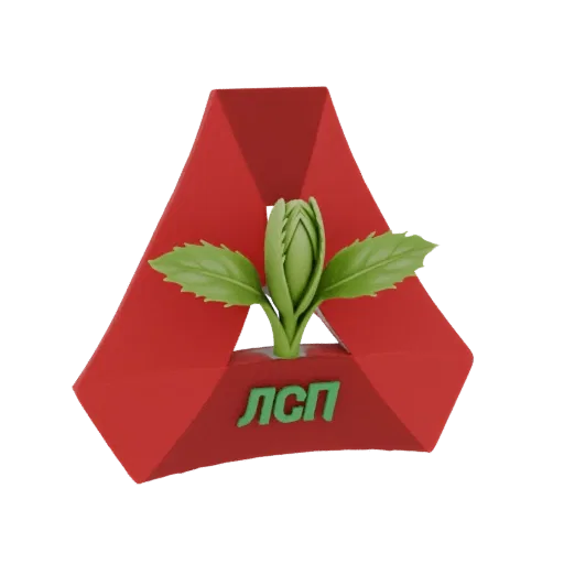Render 3D de un logo triangular rojo con una planta brotante verde y texto cirílico verde 'ЛСП' en su base.