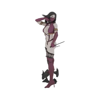 3D model of a female assassin wearing a purple mask and outfit, holding twin daggers in a dynamic pose.