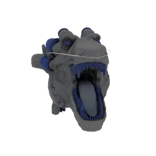 A 3D render of a dinosaur head with a visible wireframe overlay, textured gray skin, and bright blue accents around the mouth