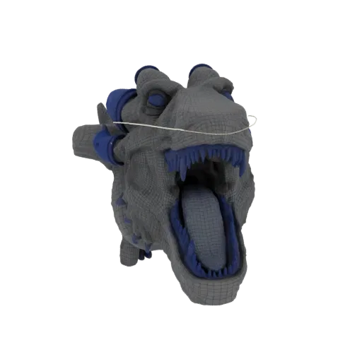 A 3D render of a dinosaur head with a visible wireframe overlay, textured gray skin, and bright blue accents around the mouth