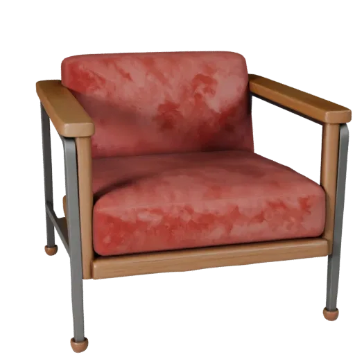 Velvet Lounge Chair Stylized 3D model, home interior, stylized isometric render, wood detail.