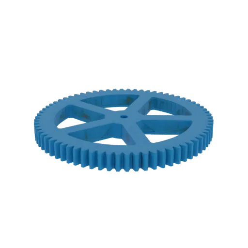 3D render of a blue industrial gear with visible teeth and a central hub with five spokes, set against a white background.
