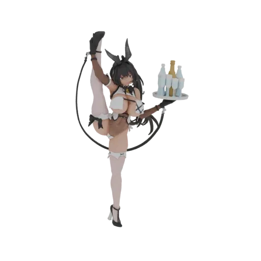 3D model of an anime bunny girl in a high leg split pose, holding a tray with drinks, against a black background.