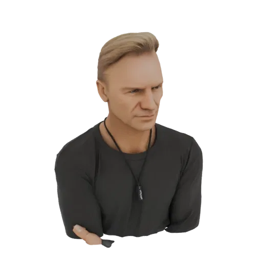 Modelo 3D de homem com cabelo loiro curto, camiseta preta e expressão séria, olhando para o lado.