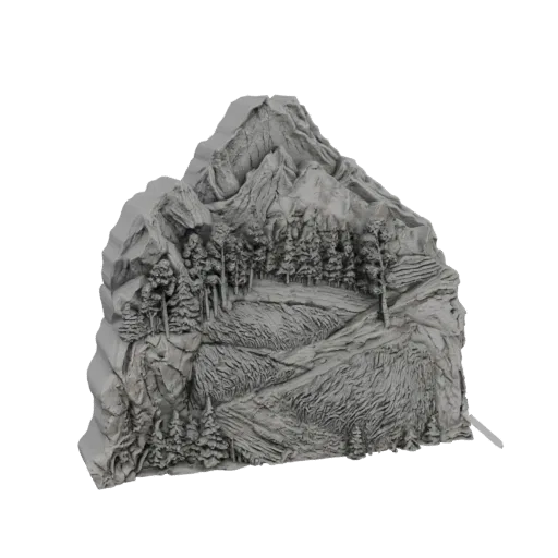 3D model of a detailed mountain landscape with rocky peaks, pine trees, and a winding path, presented against a white backgro