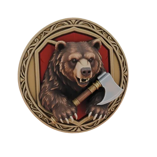 3D model render of a fierce grizzly bear warrior holding a battle axe, set within a decorative shield frame.