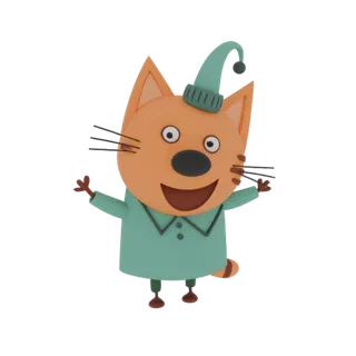 3D model of a cute orange cat wearing a teal nightcap and pajamas, with arms outstretched and a big smile.