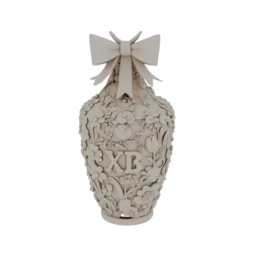 3D model of a decorative vase with a relief bow, floral patterns, and XB letters, on a white background