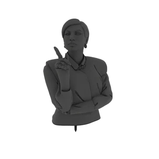 Modèle 3D d'une femme d'affaires aux cheveux courts, portant une veste, pointant son index vers le haut avec une expression s