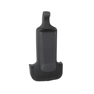 Una renderización 3D de un soporte para teléfono moderno gris oscuro con área de agarre texturizada, presentado sobre un fond