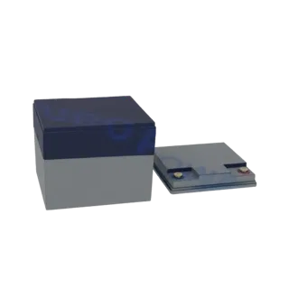 3D model of a sealed lead-acid battery with a grey base and dark blue top, showing two terminals.