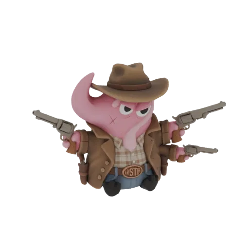 3D model of a pink elephant-like cowboy character wearing a hat and jacket, holding four revolvers.