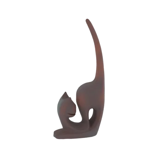 A 3D render of a stylized cat sculpture in a graceful stretching pose, with smooth, flowing lines and a matte finish.