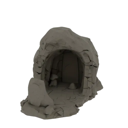 Mushroom Cave Grotto Printable 3D model, isometric tabletop STL render, showing aged stone, layered vegetation clusters.