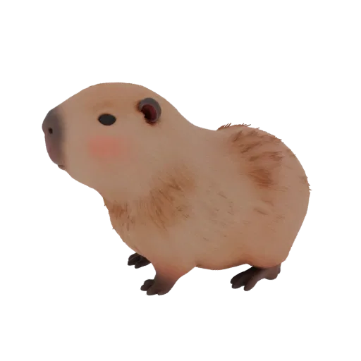 3D model of a cute capybara with pink cheeks, standing on four paws, with soft fur texture and expressive eyes.