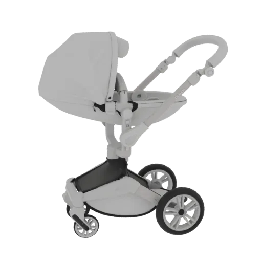 A 3D model of a modern, light gray baby stroller with a bassinet and large wheels, shown from a side angle.