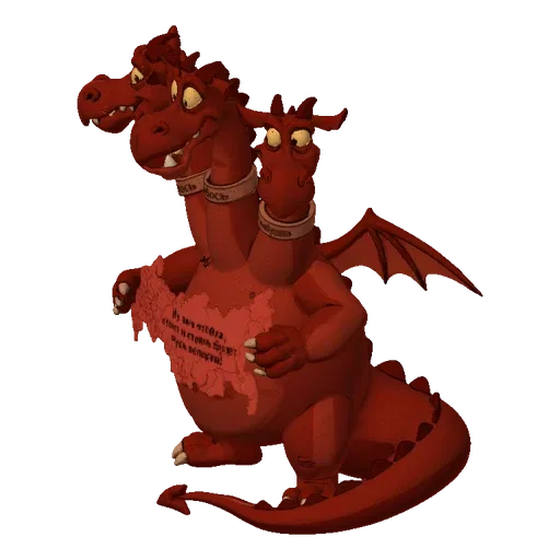 3D model of a red, three-headed dragon holding a map of Russia, with inscribed rings on its necks.