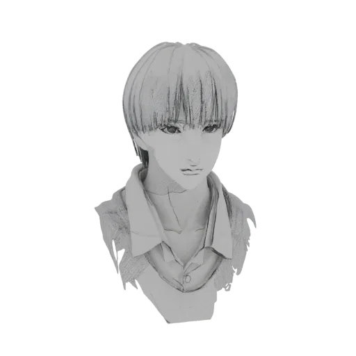 Render de modelo 3D de busto de chico estilo anime con un prominente corte de tazón, vistiendo una camisa con cuello.