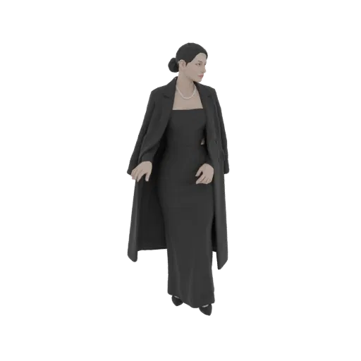 3D model of an elegant woman wearing a long black dress and a black coat, with her hair in an updo and a pearl necklace.