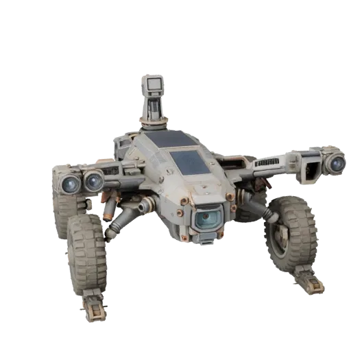 Lunar Drone Scout High Poly 3D model, close-up studio render, showing dusty wheels, vehicle stance.
