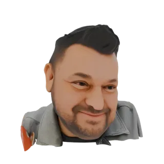 Rendering di un modello 3D del busto di un uomo in stile cartone animato con un sorriso amichevole, che indossa una giacca gr