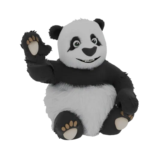 A 3D render of a cute, fluffy panda bear sitting and waving with its left paw, smiling.