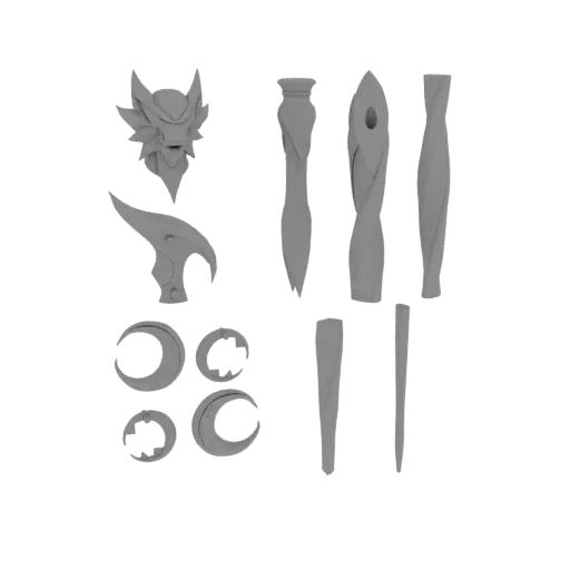 3D render of a Cosmic Warrior Prop Set, featuring a detailed helmet, a curved blade, and moon-shaped accessories against a wh