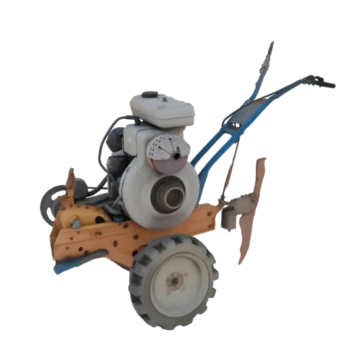 3D model of a walk-behind tractor with a rotary tiller attachment, showing its engine, wheels, and tilling blades.