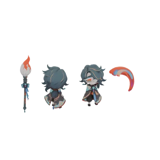 3D model of a chibi artist character with teal hair, holding a paintbrush with orange flames and a colorful palette.
