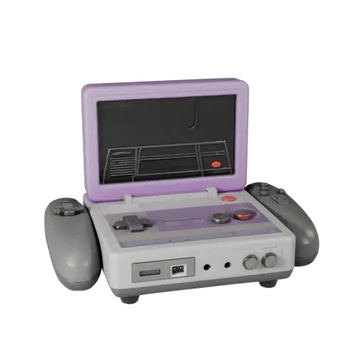 Retro Game Console 3D model, three-quarter front view, Unity viewport, showing matte plastic, console proportions.