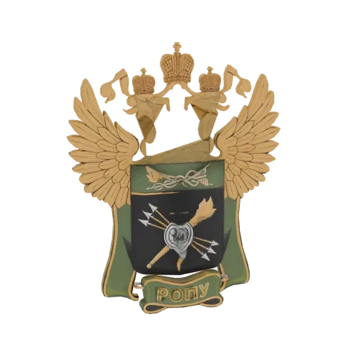 3D model of a Russian military emblem with golden wings, crowns, arrows, and a torch on a black shield.