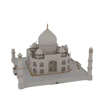 3D model of the Taj Mahal, a white marble mausoleum with a large central dome and four minarets, set against a white backgrou