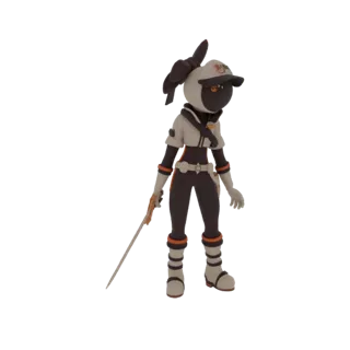 3D-Modell eines Sci-Fi-Entdecker-Charakters mit dunklem Outfit, orangefarbenen Akzenten, weißer Jacke, Mütze und Schwert, vor