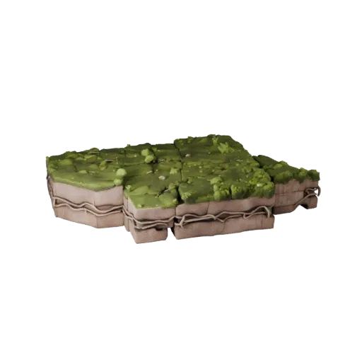 Mossy Root Path Unity 3D model, isometric viewport view, showing layered soil, raised bases.