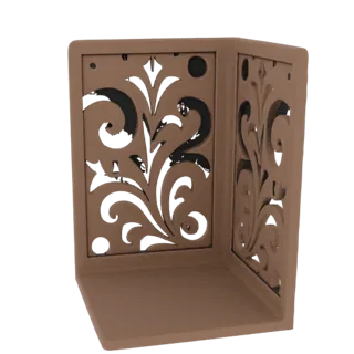 Modèle 3D d'un protège-coin avec découpes filigranes ornées dans une couleur neutre et chaude.