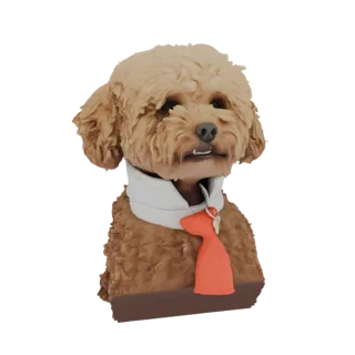 Render de modelo 3D de un busto de perro Caniche con bufanda blanca y corbata naranja, sobre fondo blanco.