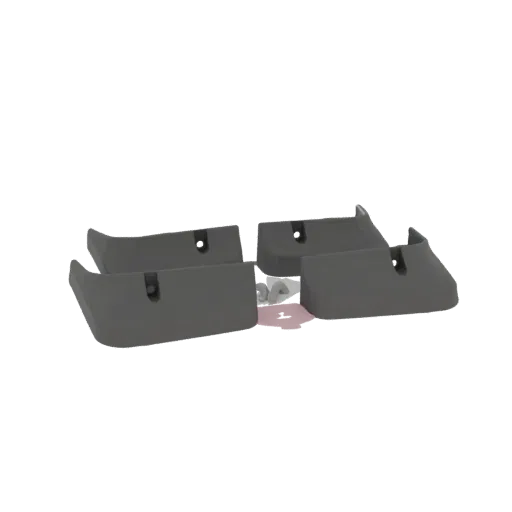 3D model of a set of four dark gray car mud flaps, two front and two rear, with visible mounting holes.