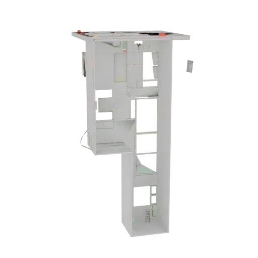 3D model of a modern multi-story building interior, showing multiple levels with rooms and staircases.