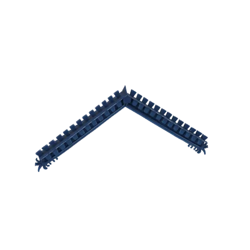 Ein 3D-Render eines verzierten blauen Eckrahmens mit dekorativen Akzenten und Zinnenrändern, vor weißem Hintergrund.