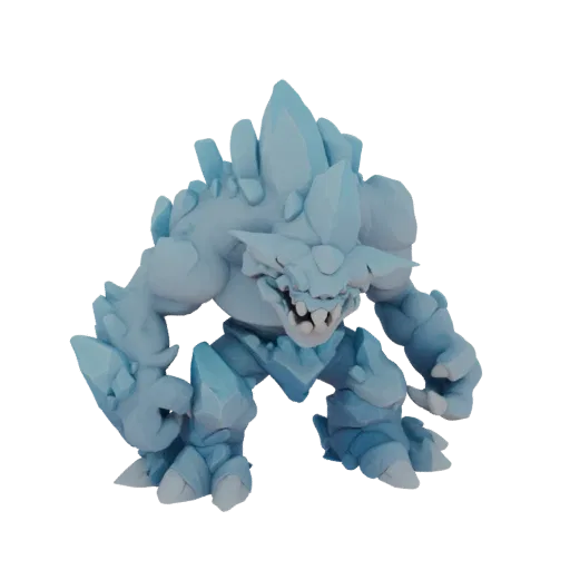 A 3D render of a stylized, light blue Ice Golem with sharp crystalline features and a menacing face, standing on a white background.