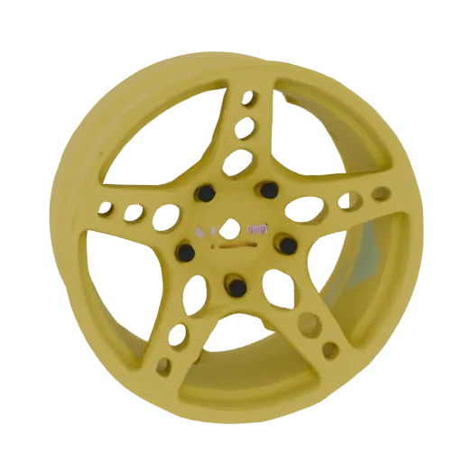 A 3D render of a bright yellow five-spoke star wheel rim with circular cutouts, isolated on a white background.