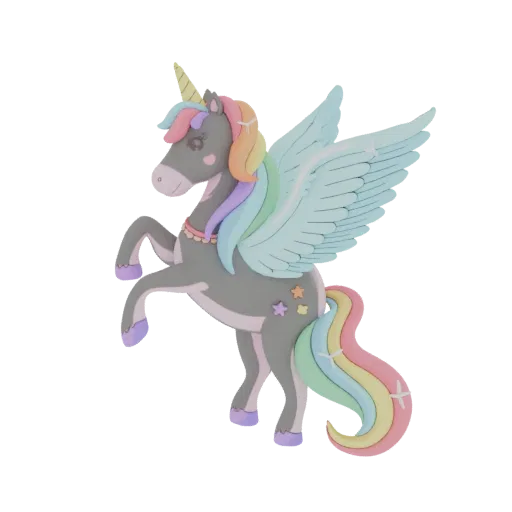 Un rendering 3D di un unicorno alato grigio con criniera e coda arcobaleno pastello, in piedi sulle zampe posteriori con una