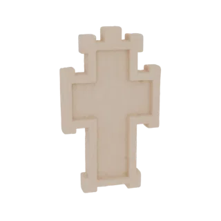 A 3D render of a light-colored, ornate cross with crenellated edges, presented on a white background.
