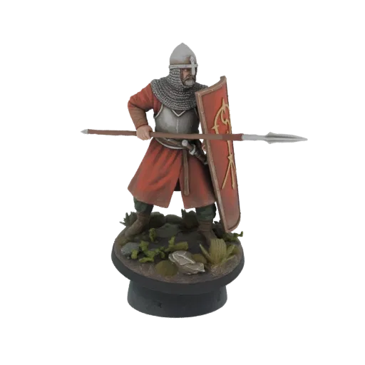 3D model of a medieval warrior in chainmail, holding a spear and a red shield, standing on a textured base.