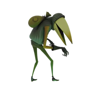 3D model of a green, bird-like creature with a long beak, wearing a hood and carrying a sack over its shoulder.